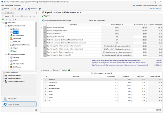 Tabella di calcolo delle superfici in modo analitico con i criteri previsti dal DPR 138/98